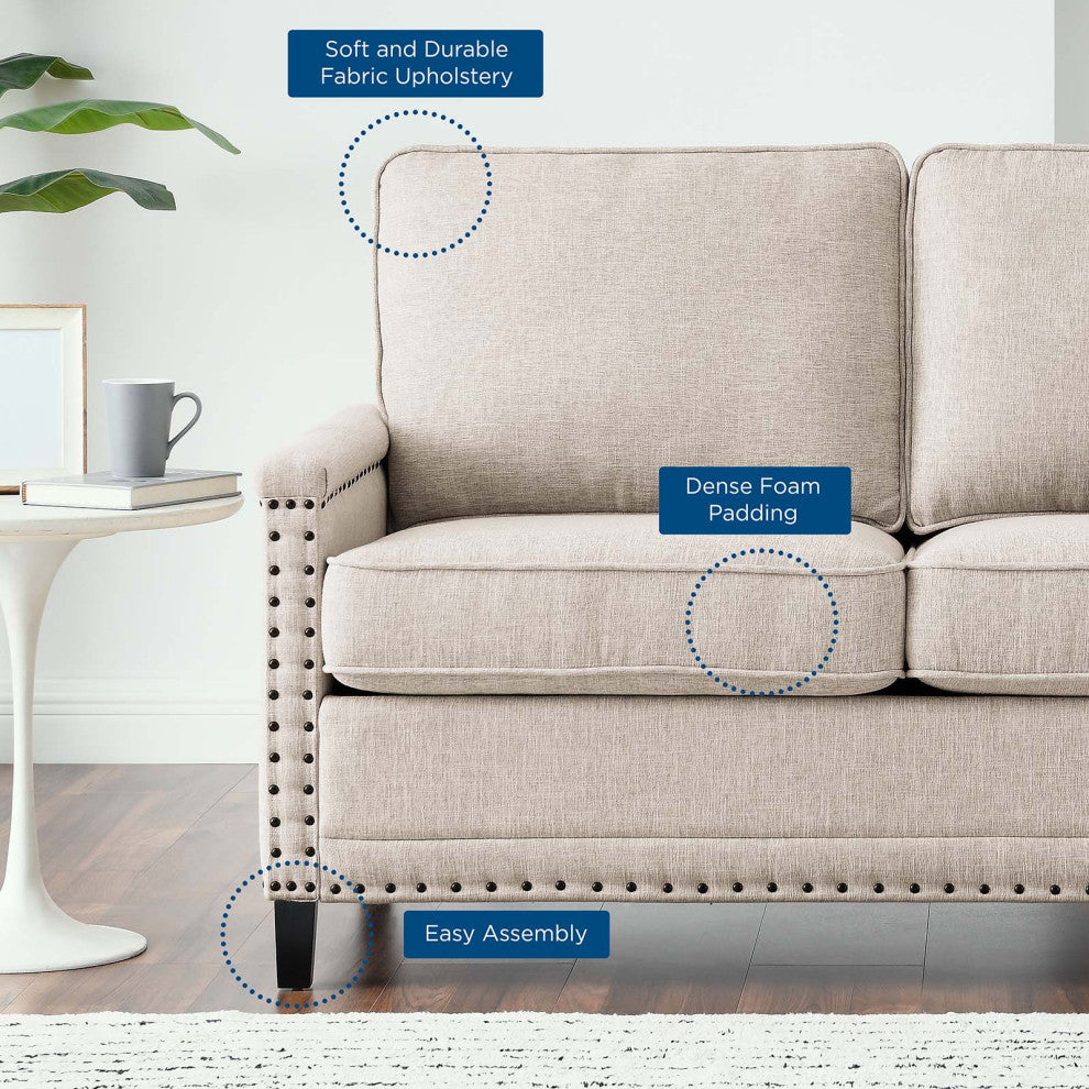 Loveseat Sofa, Fabric, Beige, Modern, Living Lounge Room Hotel Lobby Hospitality