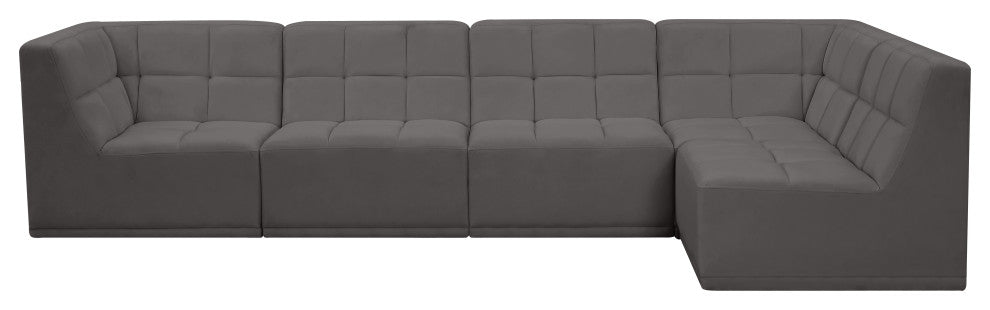 Relax Velvet Upholstered 5-Piece L-Shaped Modular Sectional, Grey