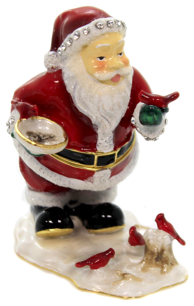 Hinged Trinket Santa With Cardinal Box Christmas Feeding Birds Decorative Boxes