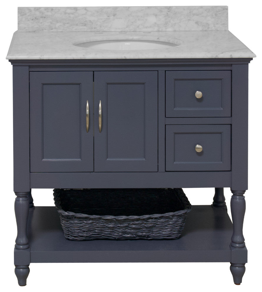 Beverly 36" Bathroom Vanity, Marine Gray, Carrara Marble