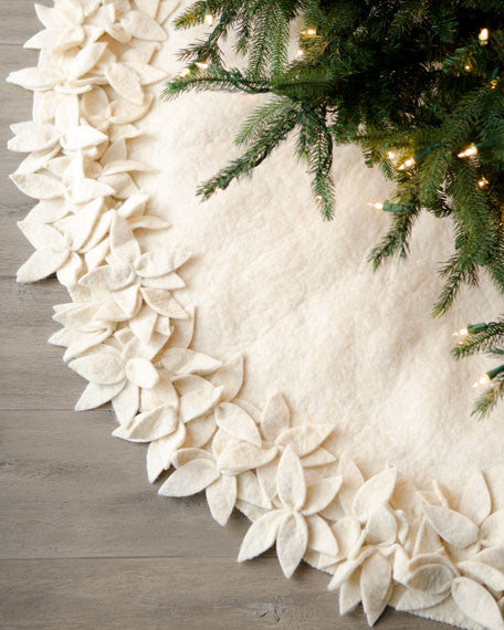 Overlapping Flowers Christmas Tree Skirt in Rustic Hand Felted Cream Wool