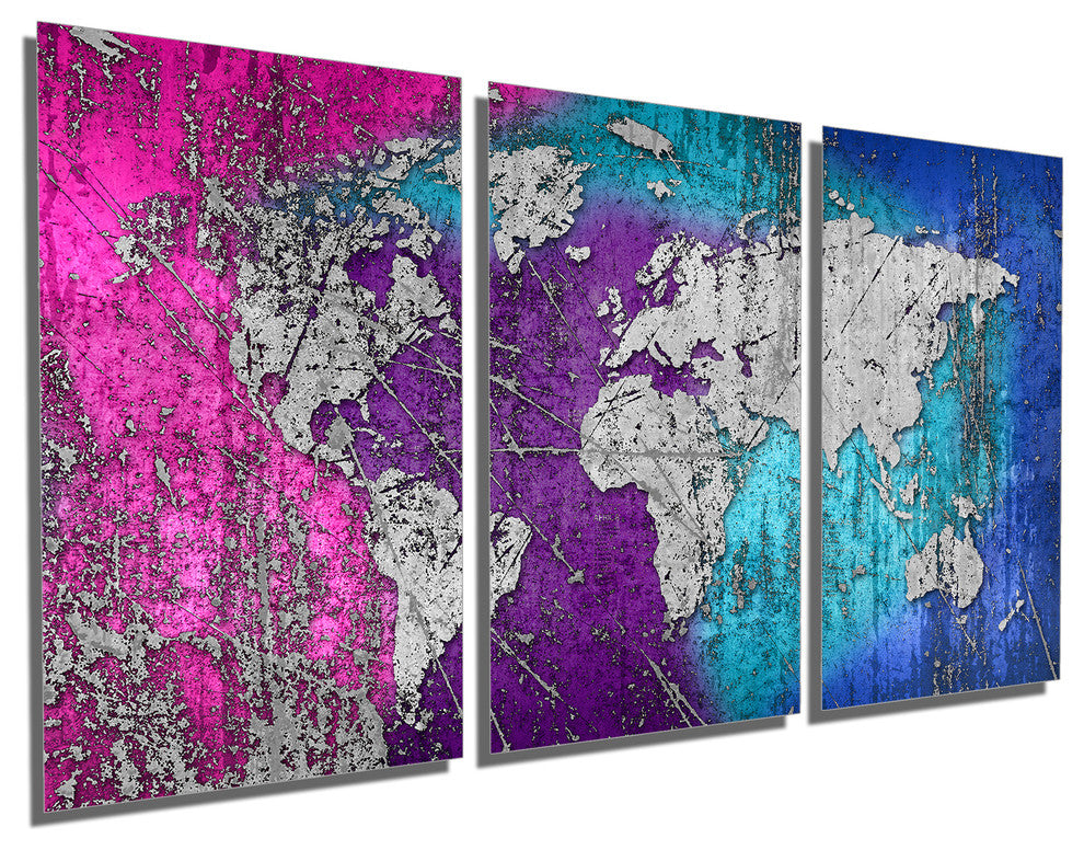 Colorful Abstract Silver World Map Metal Print Wall Art, 3 Panel Split