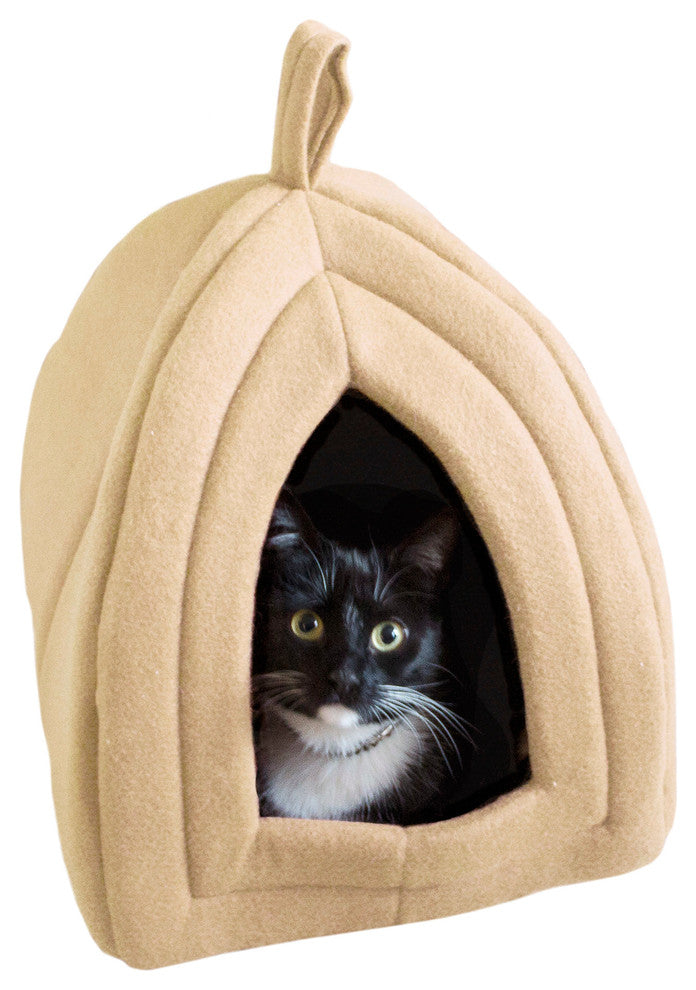 Igloo Cat Bed, Soft Indoor House, Removable Cushion by Petmaker, Tan
