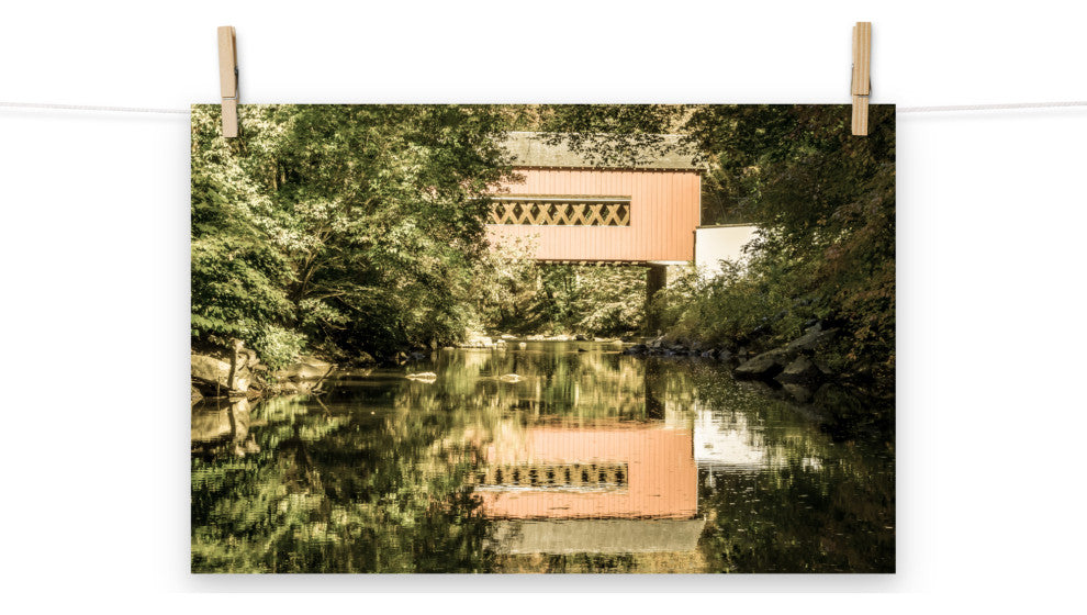 The Reflection of Wooddale Covered Bridge Aged Unframed Wall Art Print, 12" X 18"