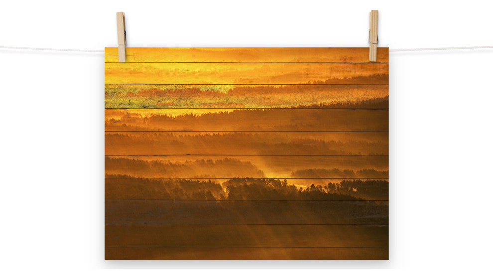 Faux Wood Golden Mist Valley - Hills & Mountain Range Wall Art Prints, 12" X 16"