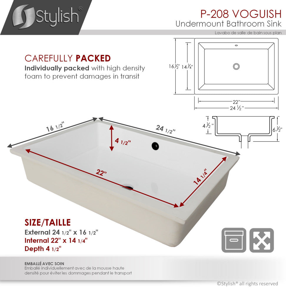 STYLISH 24" Rectangular Undermount Ceramic Bathroom Sink With 2 Overflow Finishe
