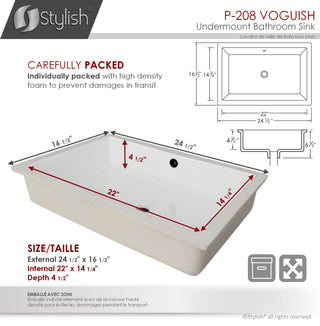 STYLISH 24" Rectangular Undermount Ceramic Bathroom Sink With 2 Overflow Finishe