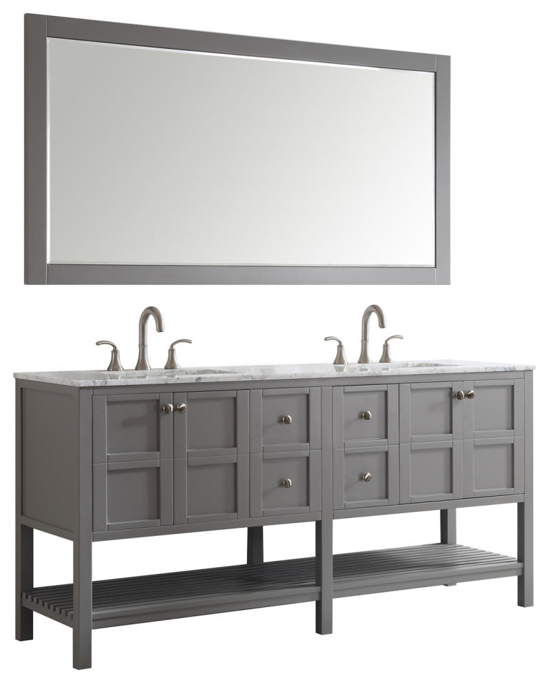 Florence 72" Double Vanity, Carrara White Marble Top, Gray, With Mirror