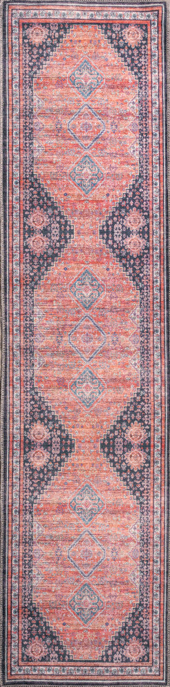Dalyan Geometric Medallions Machine Washable Indoor Area Rug, Terra/Navy, 2 X 8