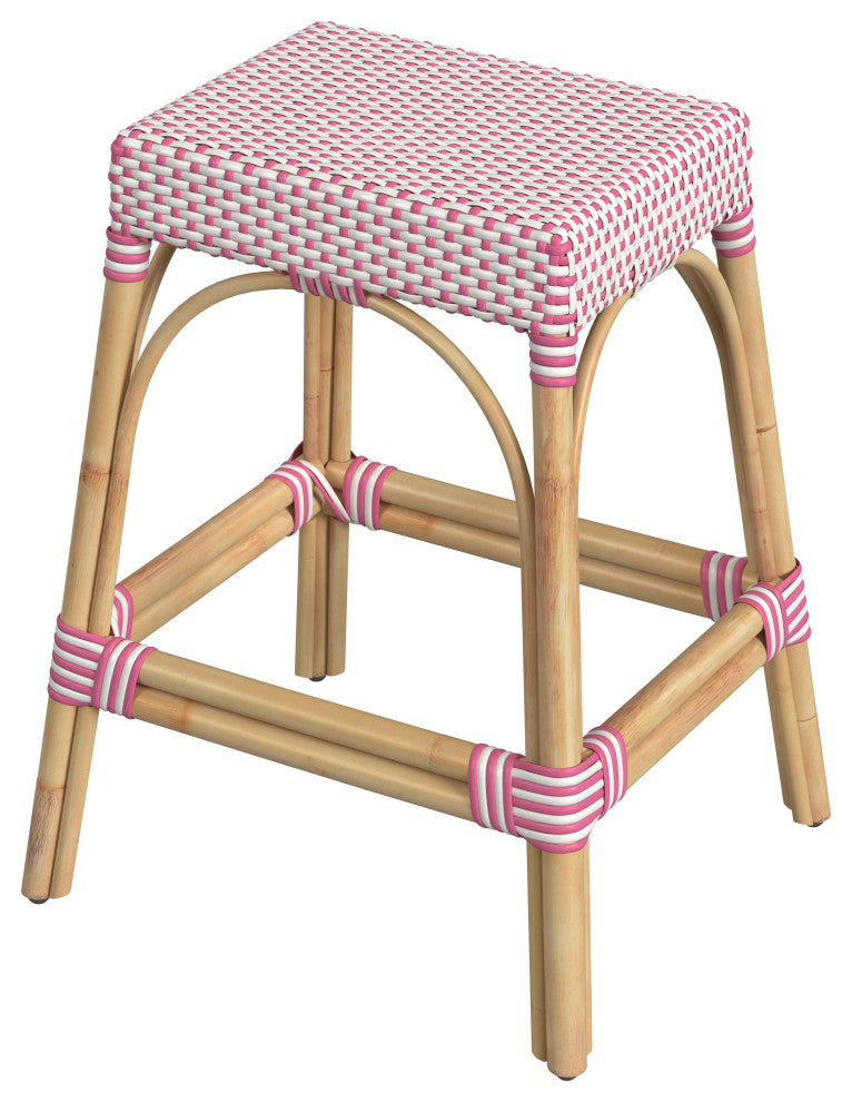 Robias Rectangular Rattan 24.5" Counter Stool, White and Pink