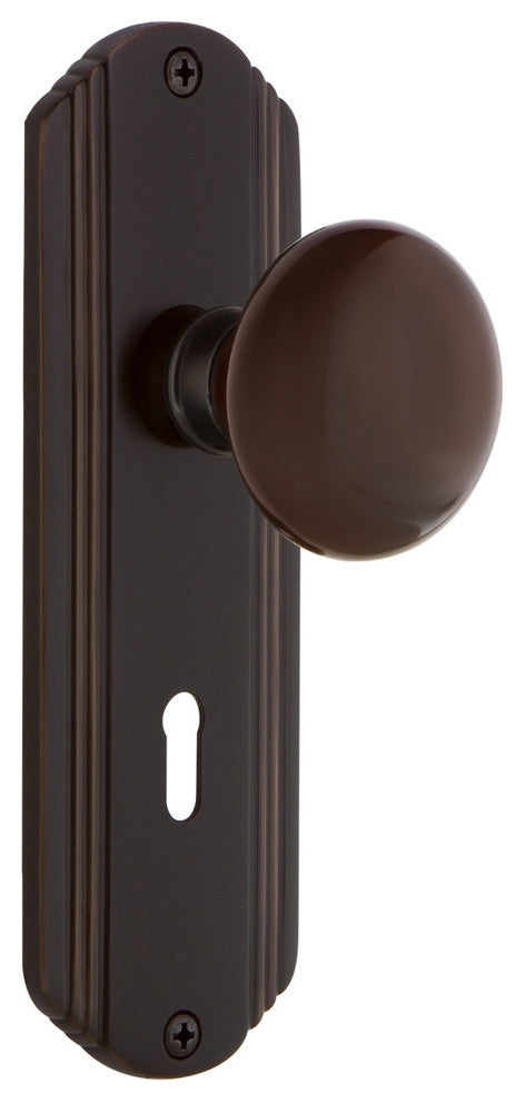 Deco Plate Passage Brown Porcelain Knob, Timeless Bronze