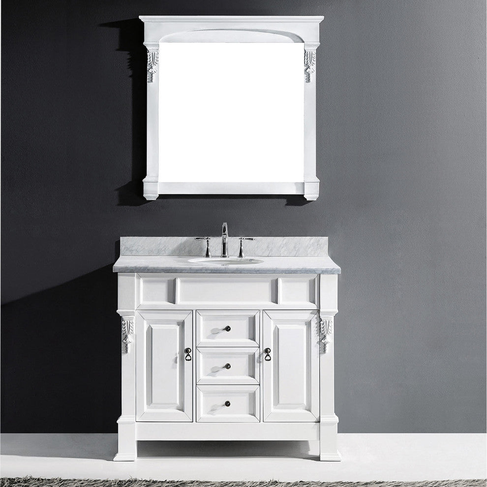 Virtu Huntshire 40" Single Bathroom Vanity, White With Marble Top, With Mirror
