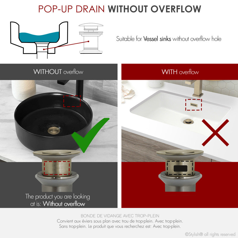 STYLISH Brushed Gold Standard Pop-Up Vessel Sink Drain with Overflow D-703G