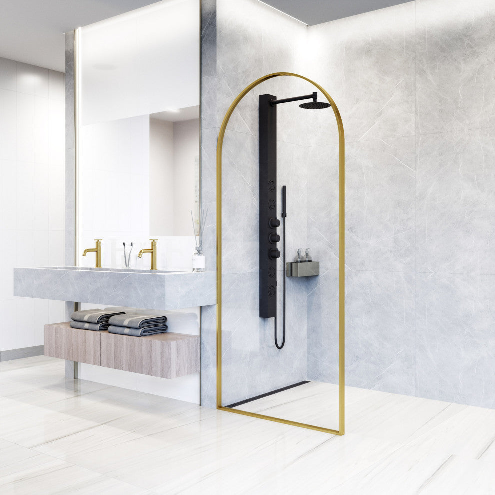 VIGO Arden 34" W x 78" H Framed Fixed Shower Screen, Matte Brushed Gold, Clear Glass