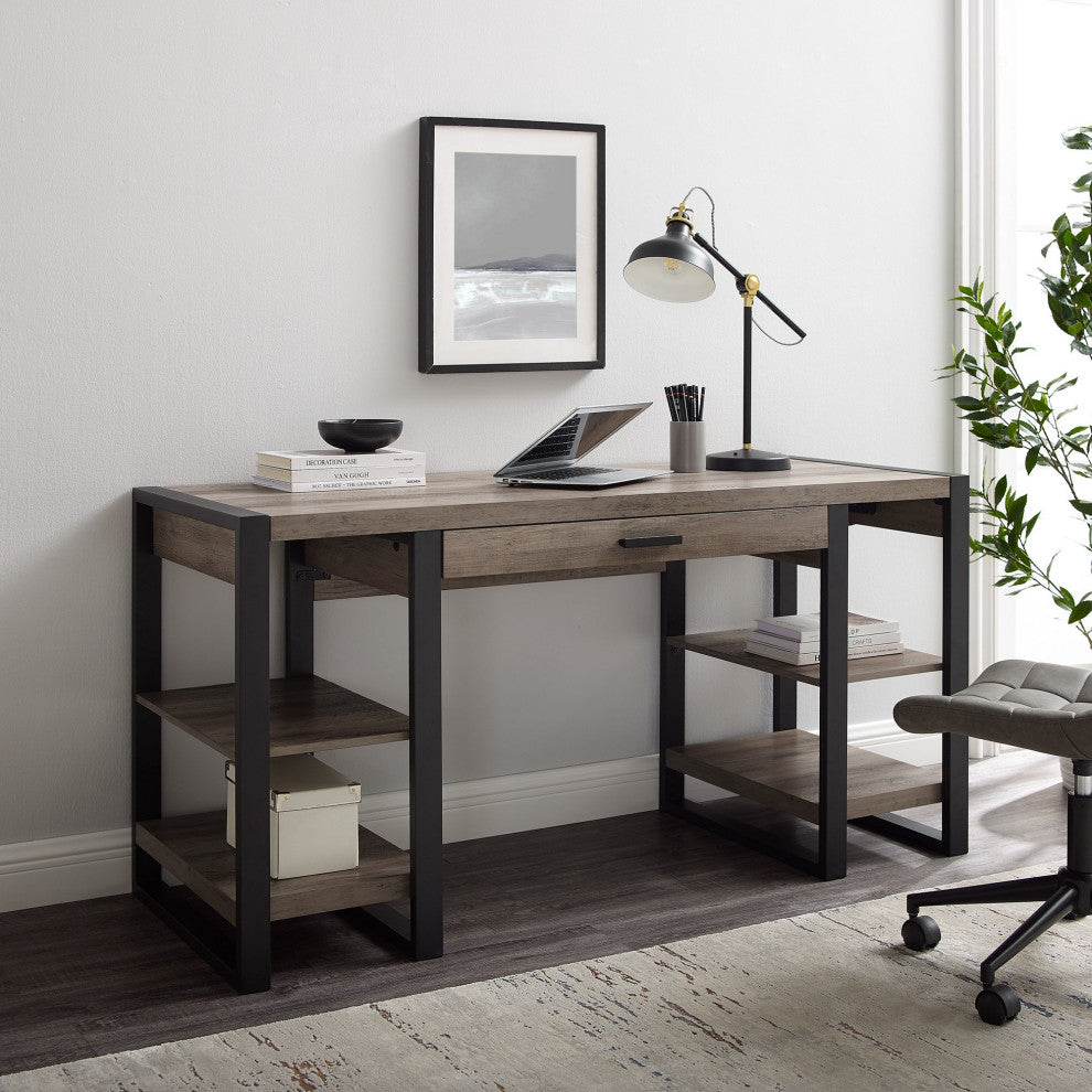 Modern Desk, Drawer With Side Open Shelves With Charging Station, Gray Wash
