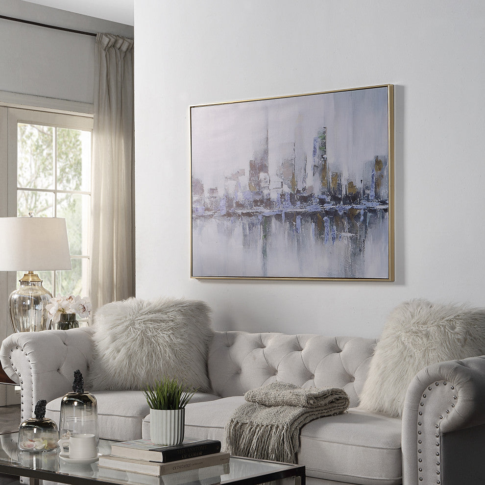 Cityscape Abstract Wall Art 36x47 With Gold Frame, Teal