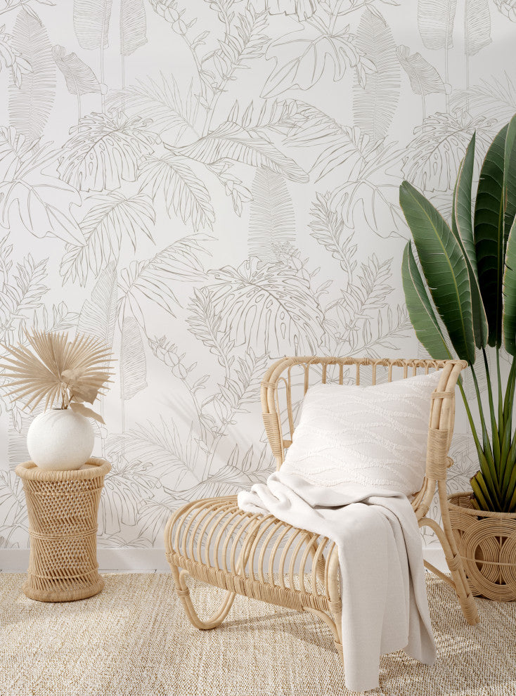 Hand Drawn Jungle Leaves Vinyl Peel and Stick Mural, Gray, 24"x96", Single
