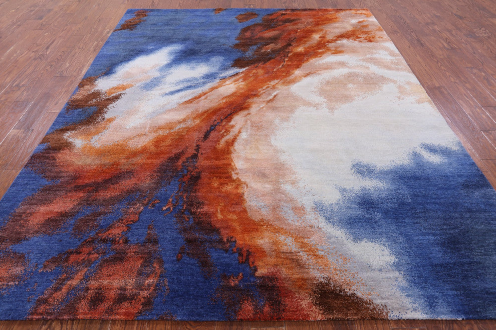 7' 11" X 9' 11" Abstract Hand Knotted Wool and Silk Rug Q9050