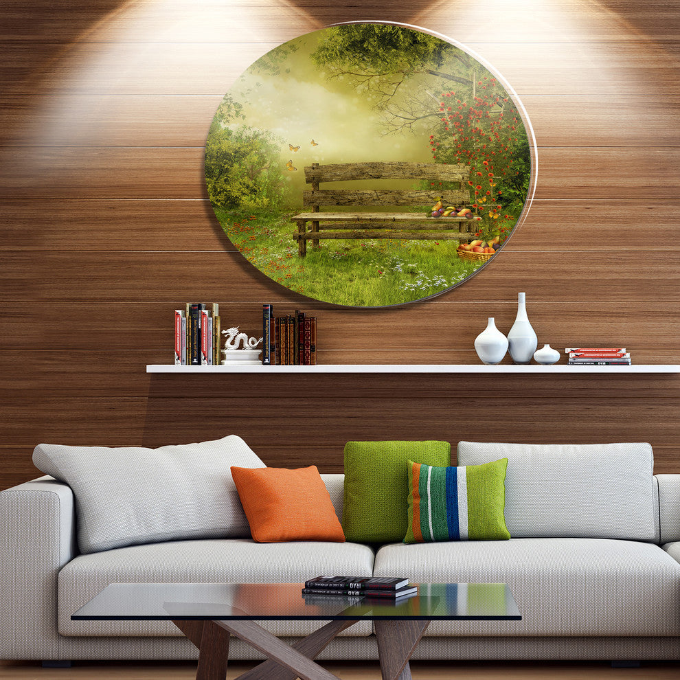 Wooden Bench In Village Orchard, Landscape Disc Metal Artwork, 23"
