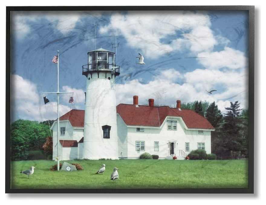 Chatham Lighthouse Bright Green Hill Blue Sky and Red Roof, Framed, 24"x30"