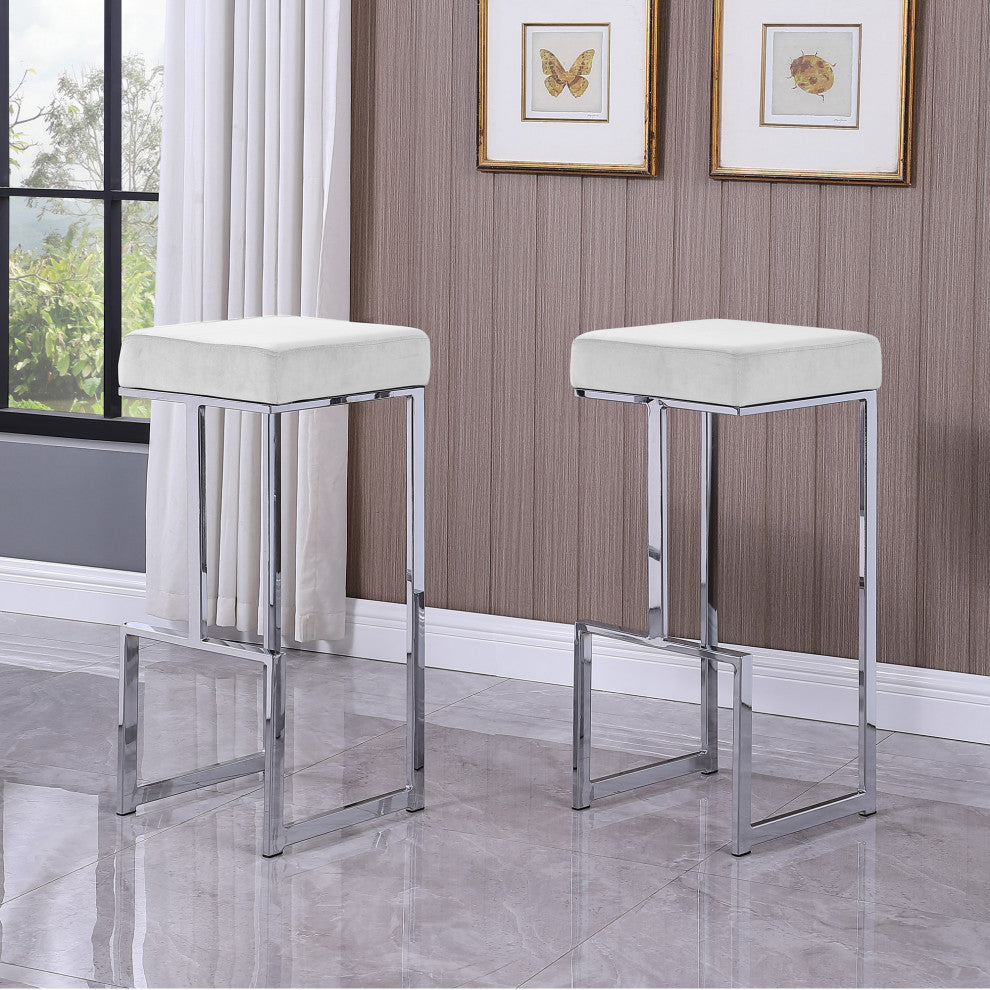 Jakob Backless 31" Bar Stool, Stainless Steel, Set of 2, Velvet Cream
