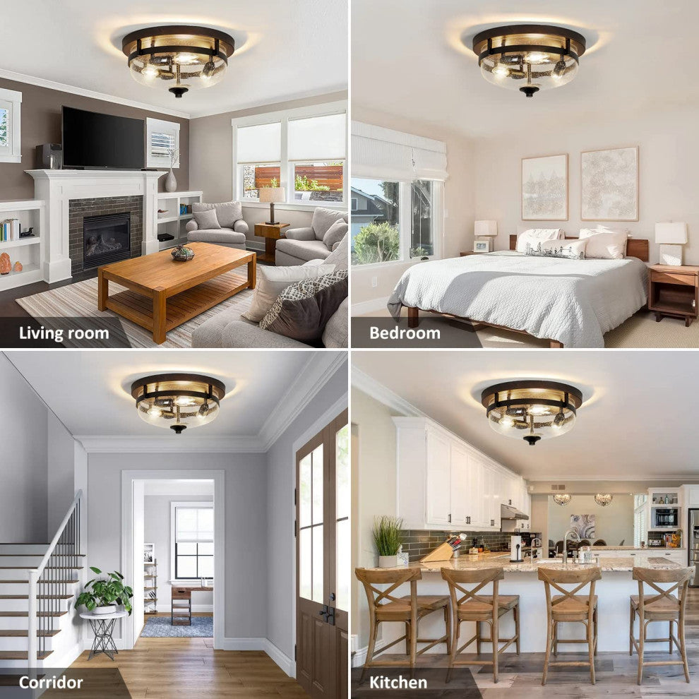 3 Light Industrial Flush Mount Ceiling Light Farmhouse, Glass