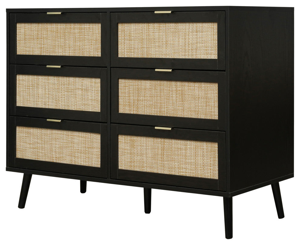 Modern 6 Drawer Dresser Wood Cabinet, Black