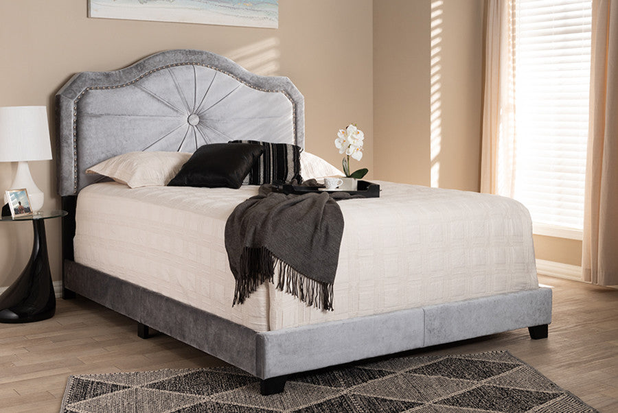 Embla Modern and Contemporary Grey Velvet Fabric Upholstered King Size Bed