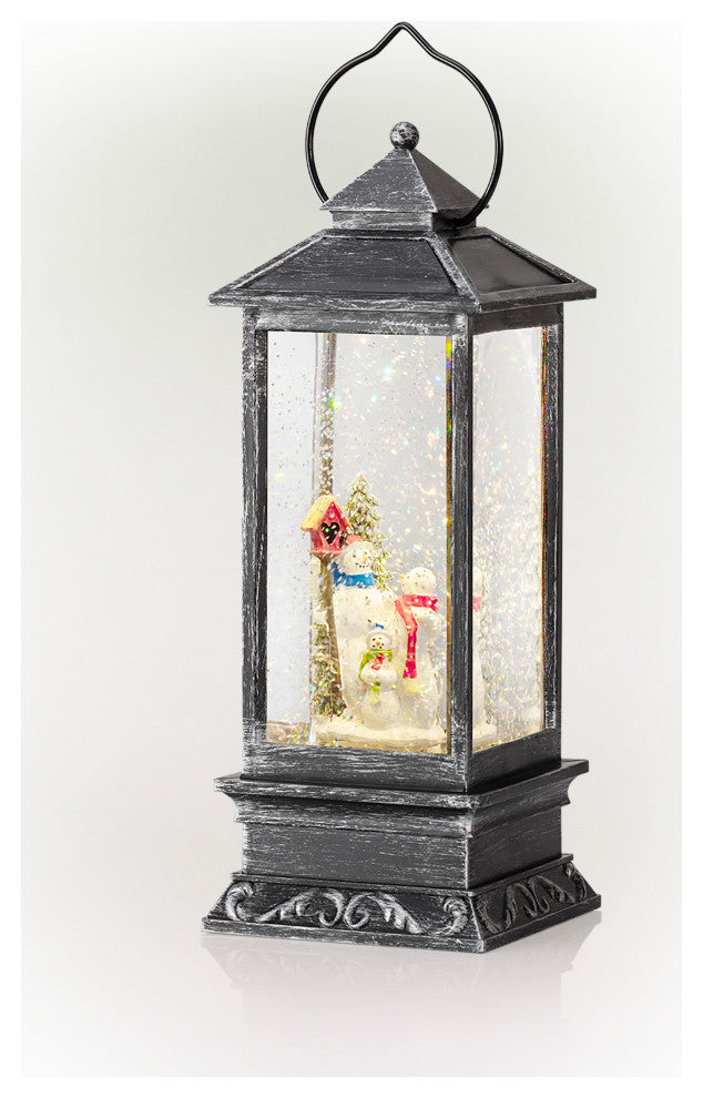 11"H Indoor Lantern Snowman Snow Globe Holiday Decoration with LED Light, Silver