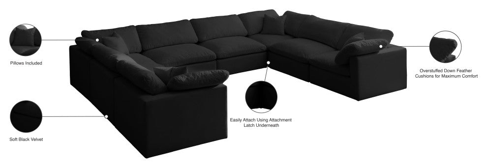 Plush Velvet / Down Standard Comfort 8-Piece U-Shaped Modular Sectional, Black