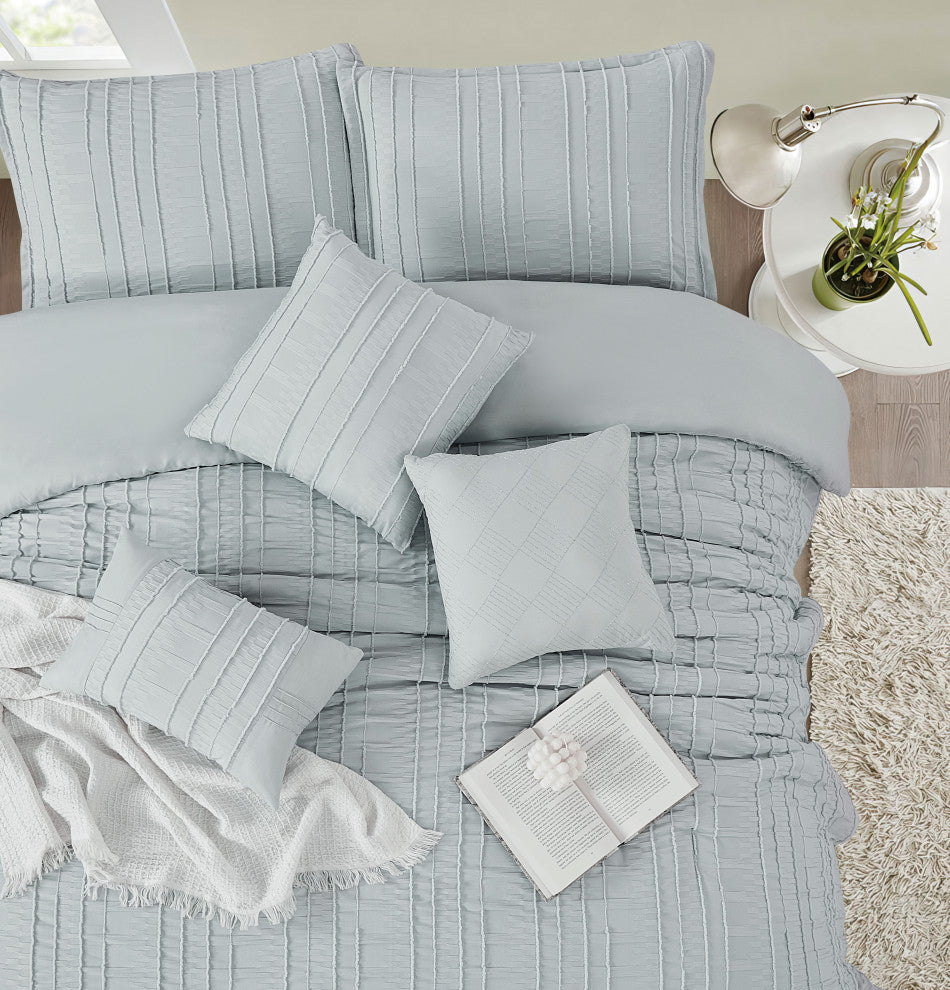 Katniss 7 Piece Stripe Comforter Set, Grey, Queen