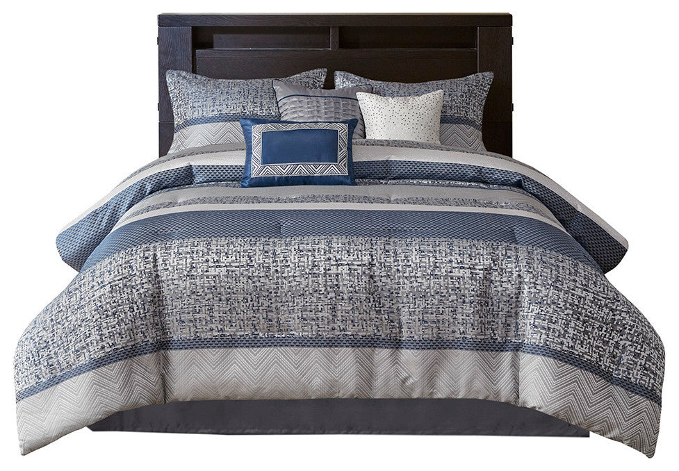Madison Park Rhapsody Jacquard Stripe Mosaic 7-Piece Comforter Set, Navy Blue