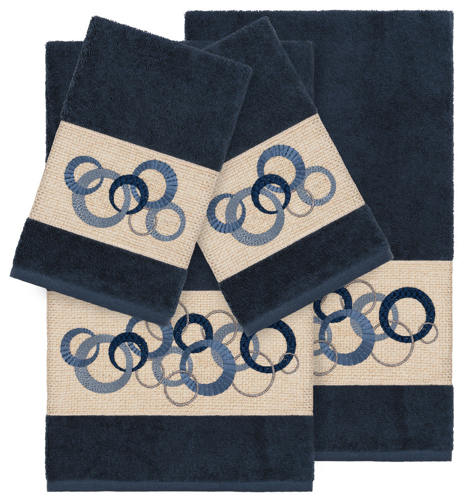 Linum Home Textiles Annabelle Embellished, Midnight Blue, Embellished Towel, 4-P