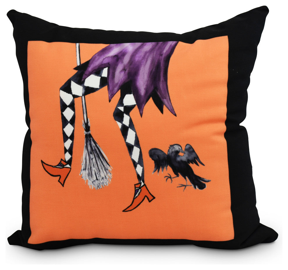 Fly Away Witch Orange Halloween Print Decorative Throw Pillow, 18"