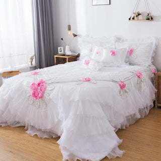 Tache 6-Piece Rose Pink White Satin Ruffled Bedding Set, Queen