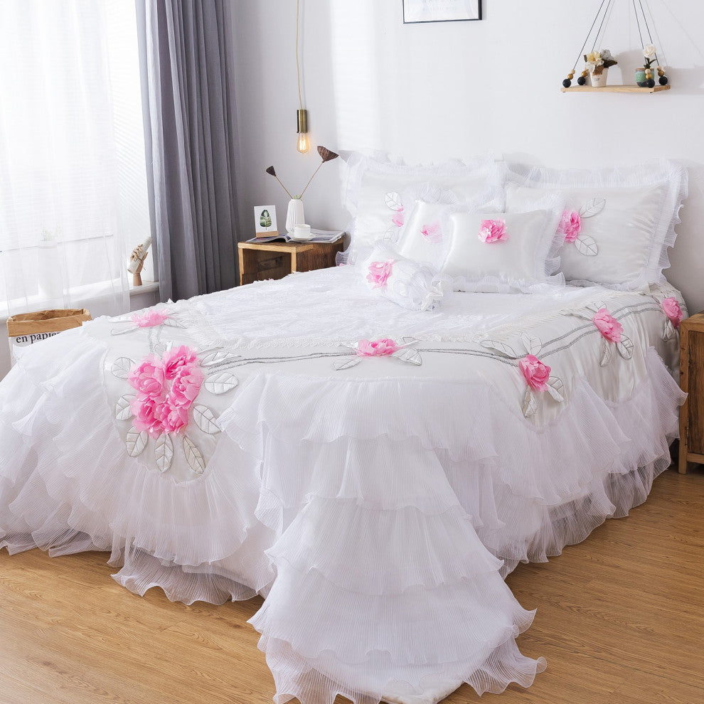 Tache 6-Piece Rose Pink White Satin Ruffled Bedding Set, Queen