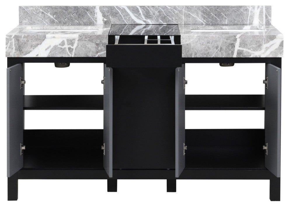 55" Double Vanity, Castle Gray Marble Tops, And White Square Sinks