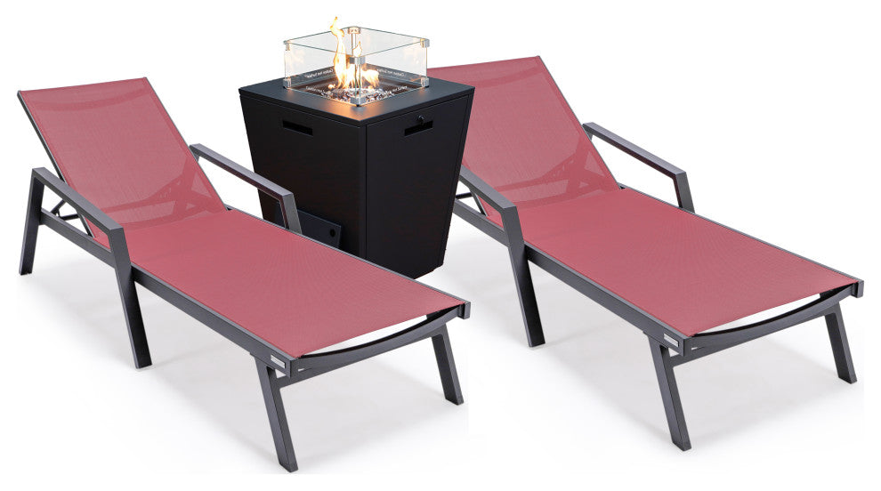 LeisureMod Marlin Chaise Lounge Chair With Arms and Fire Pit Table, Burgundy