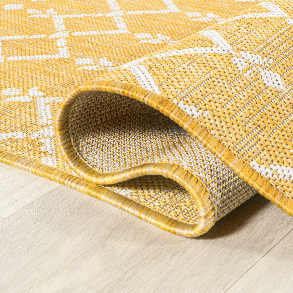 Ourika Moroccan Geometric Indoor/Outdoor Rug, Yellow/Cream, 5' Square