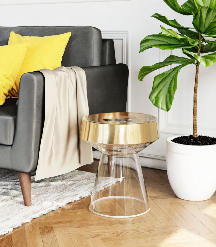 Sofa Side Table, Round, Glass, Metal, Clear, Gold, Lounge Lobby Hospitality