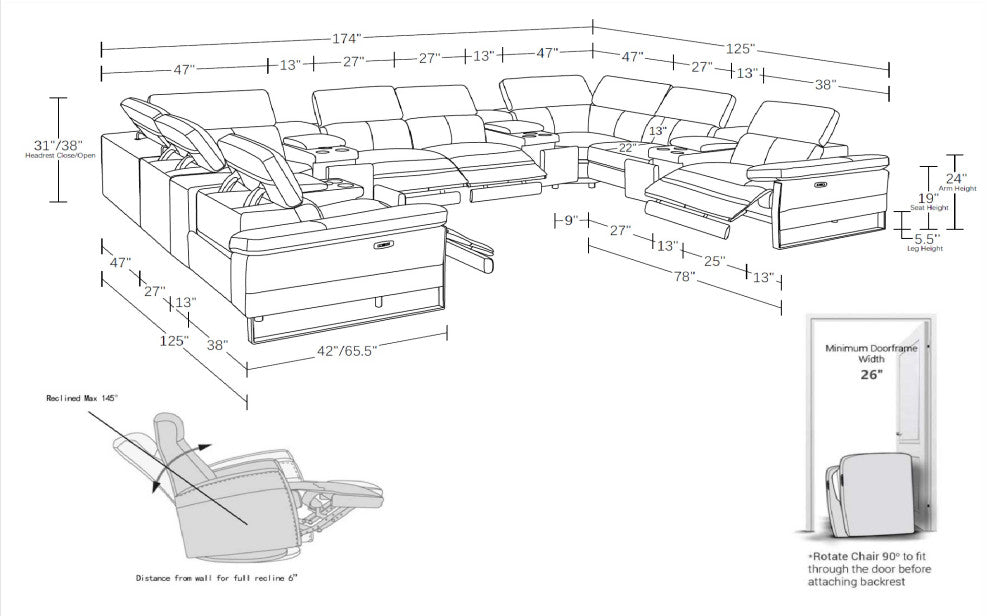 Antonio Italian Leather 12-Piece U-Shaped Power Reclining Sectional, White