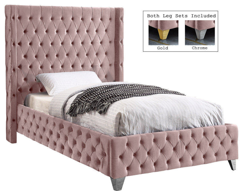 Savan Velvet Upholstered Bed, Pink, Twin