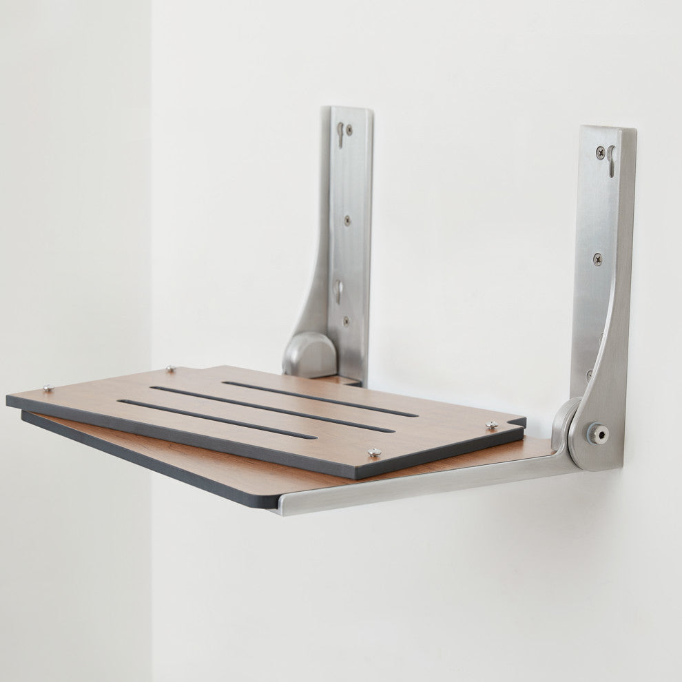 Silhouette Folding Wall Mount Shower Bench Seat, Rustic Teak, Silver Frame