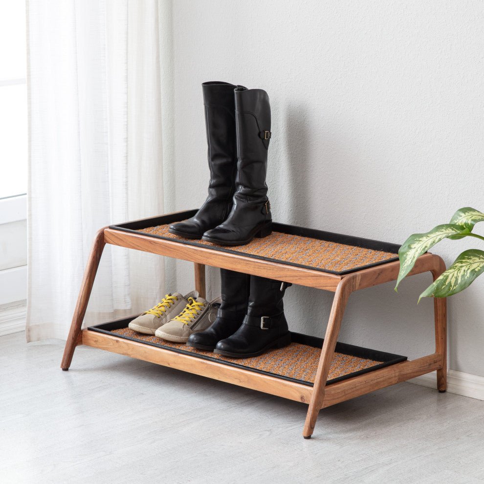 Double-Tier Natural Stand With 3-Pair Rubber Boot Trays My Blue Heaven