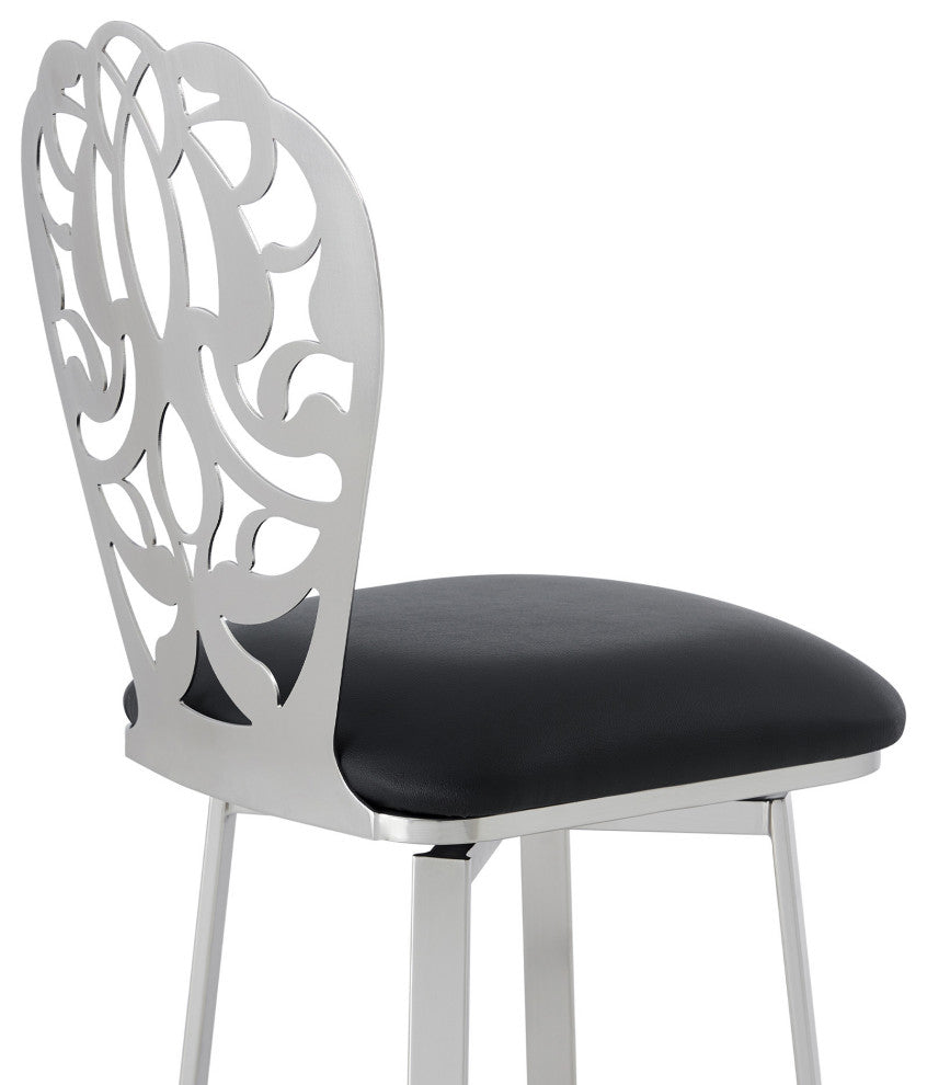 30" Black Faux Leather Scroll Brushed Stainless Steel Swivel Bar Stool