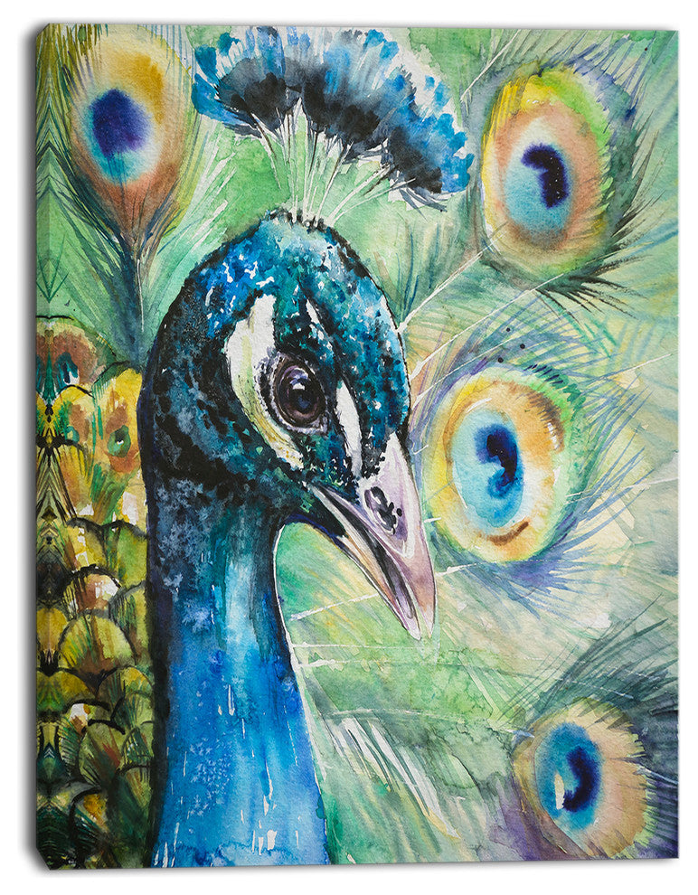 Larger Peacock Watercolor, Abstract Canvas Art Print, 12"x20"
