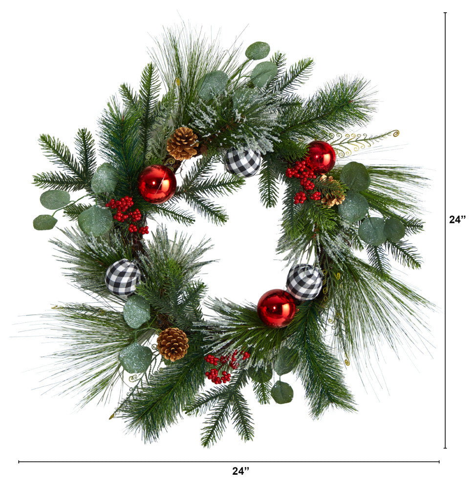 W1270 24 Berry and Pinecone Artificial Christmas Wreath With Ornaments