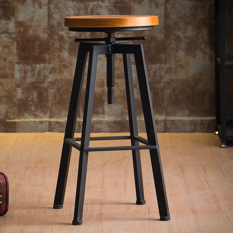 Industrial-Styled Iron Rotating and Lifting Bar Stool Made of Solid Wo