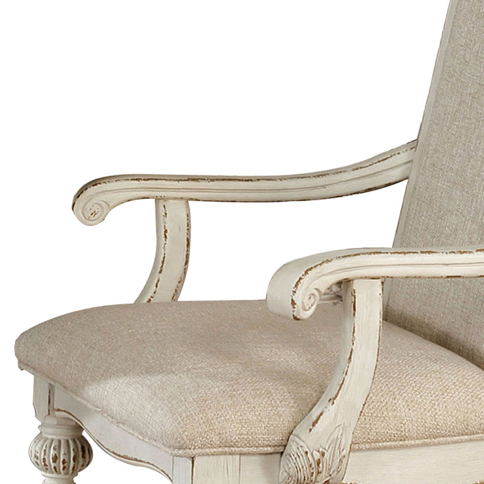 Benzara BM235431 Rustic Wooden Arm Chair, Intricate Carvings, Set of 2, White