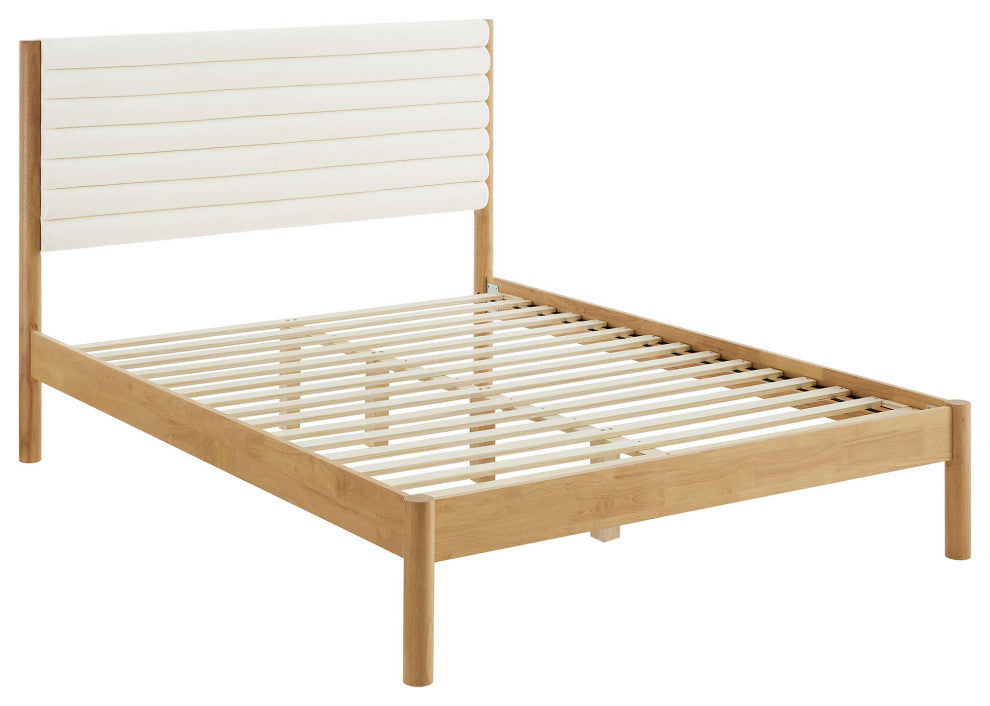 Olea Channel Tufted Boucle Solid Wood King Platform Bed, Feather Oak
